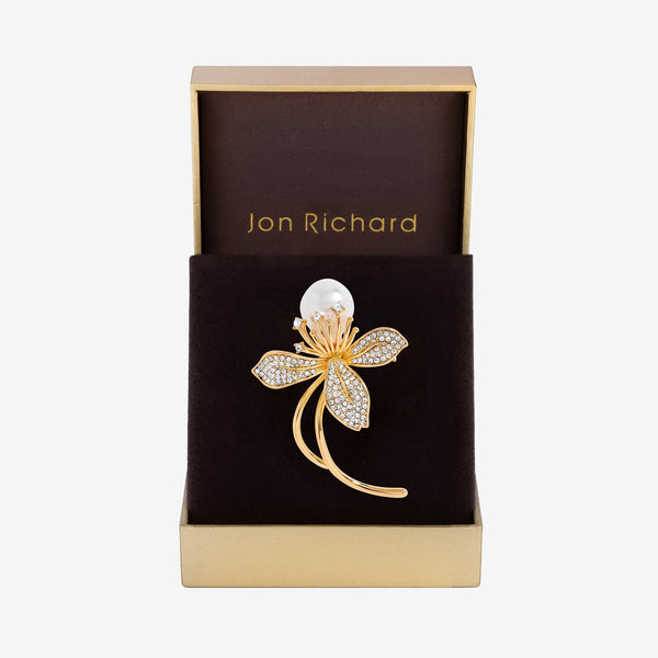 Jon Richard Gold Plated Crystal And Pearl Floral Brooch - Gift Boxed