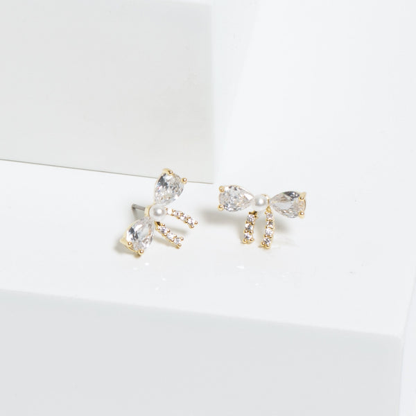 Jon Richard Gold Plated Cubic Zirconia And Pearl Bow Earrings