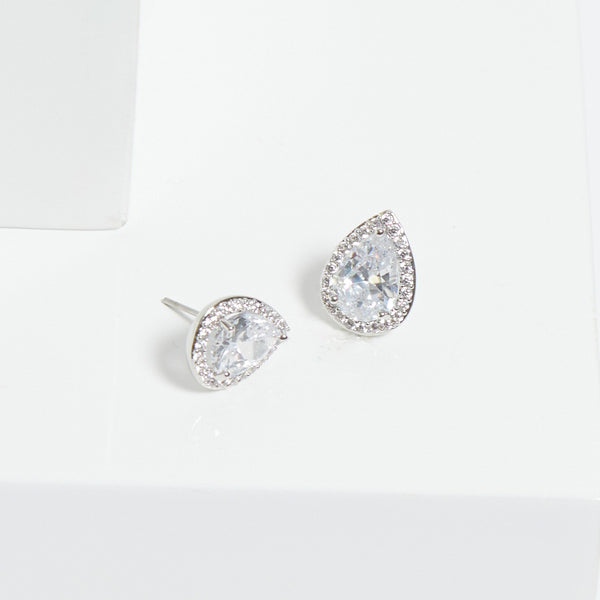 Jon Richard Rhodium Plated Cubic Zirconia Crystal Peardrop Stud Earrings - Gift Boxed