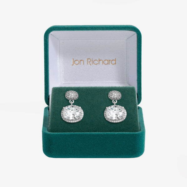Jon Richard Rhodium Plated Cubic Zirconia Micro Pave Oval Drop Earrings - Gift Boxed