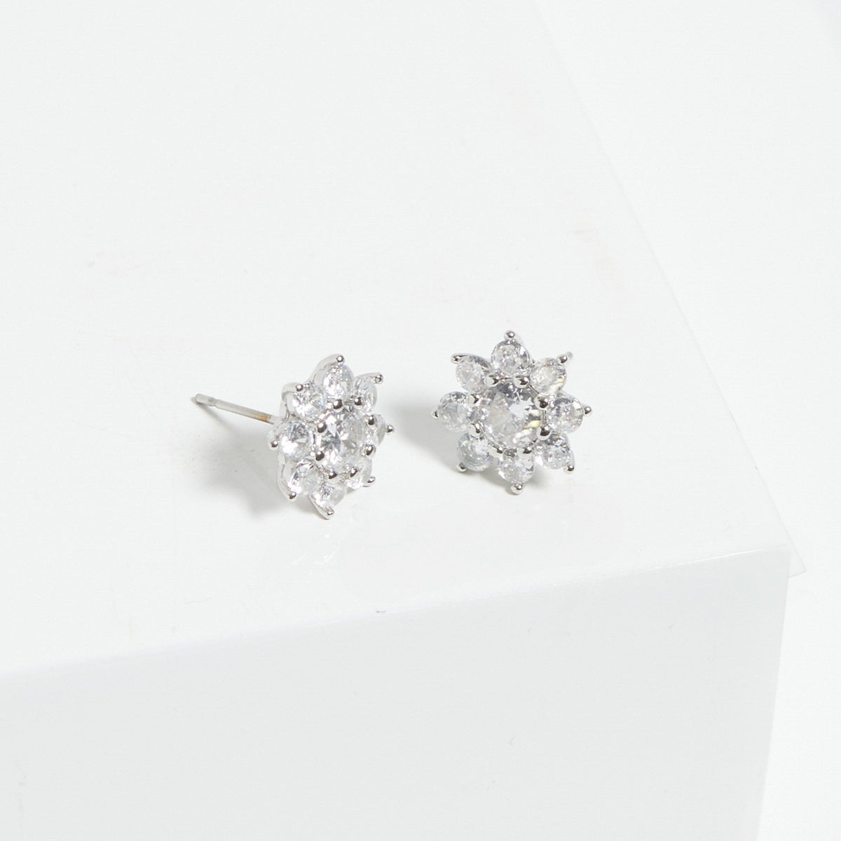 Jon Richard Rhodium Plated Cubic Zirconia Crystal Flower Stud Earrings - Gift Boxed