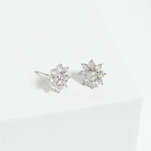 Jon Richard Rhodium Plated Cubic Zirconia Crystal Flower Stud Earrings - Gift Boxed