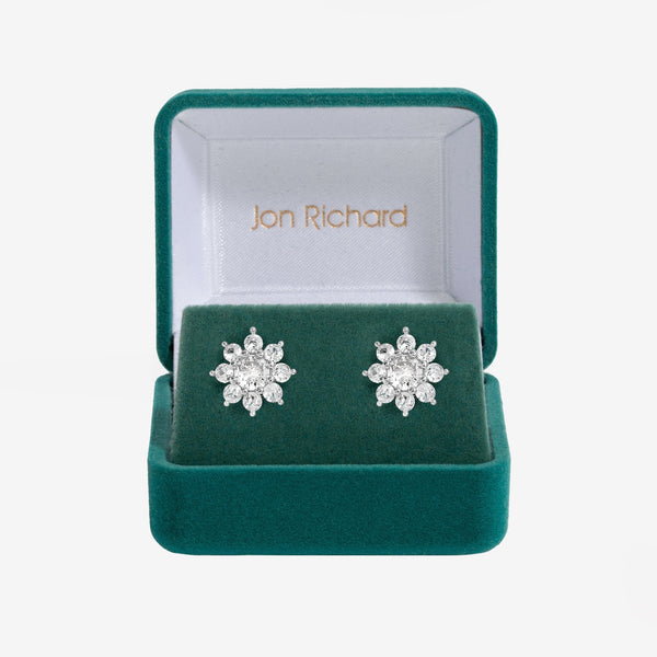 Jon Richard Rhodium Plated Cubic Zirconia Crystal Flower Stud Earrings - Gift Boxed