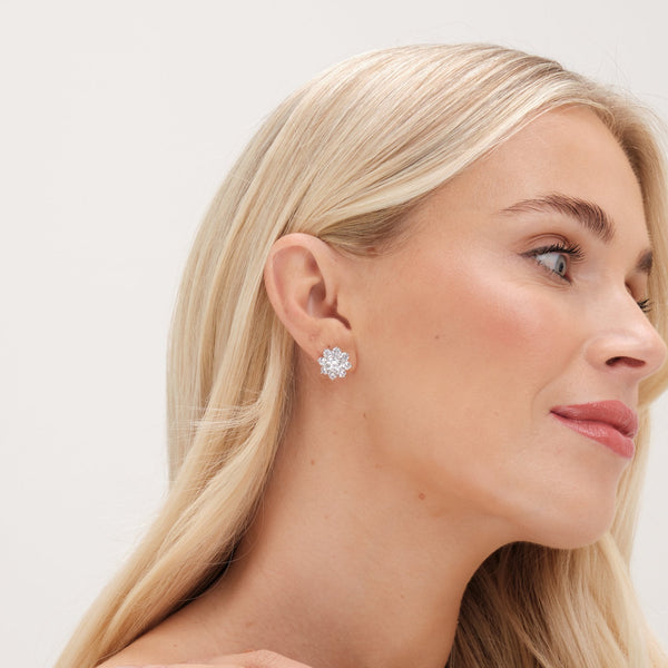 Jon Richard Rhodium Plated Cubic Zirconia Crystal Flower Stud Earrings - Gift Boxed
