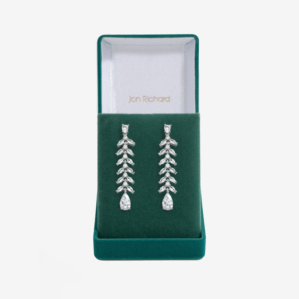Jon Richard Rhodium Plated Cubic Zirconia Leaf Earrings - Gift Boxed