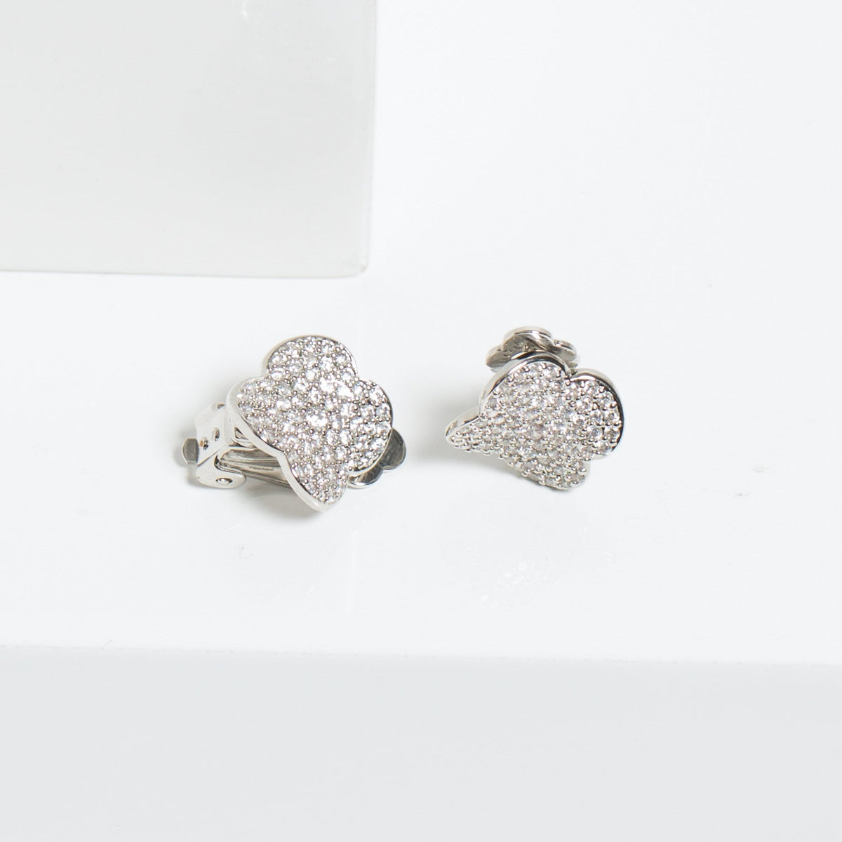 Jon Richard Rhodium Plated Cubic Zirconia Pave Clover Clip Earrings