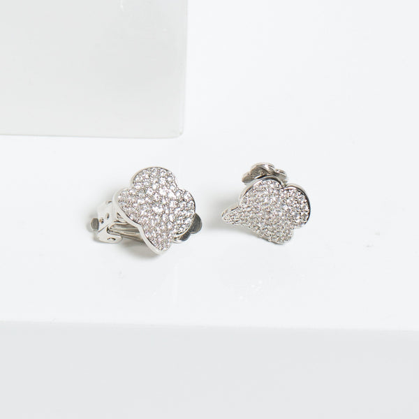 Jon Richard Rhodium Plated Cubic Zirconia Pave Clover Clip Earrings