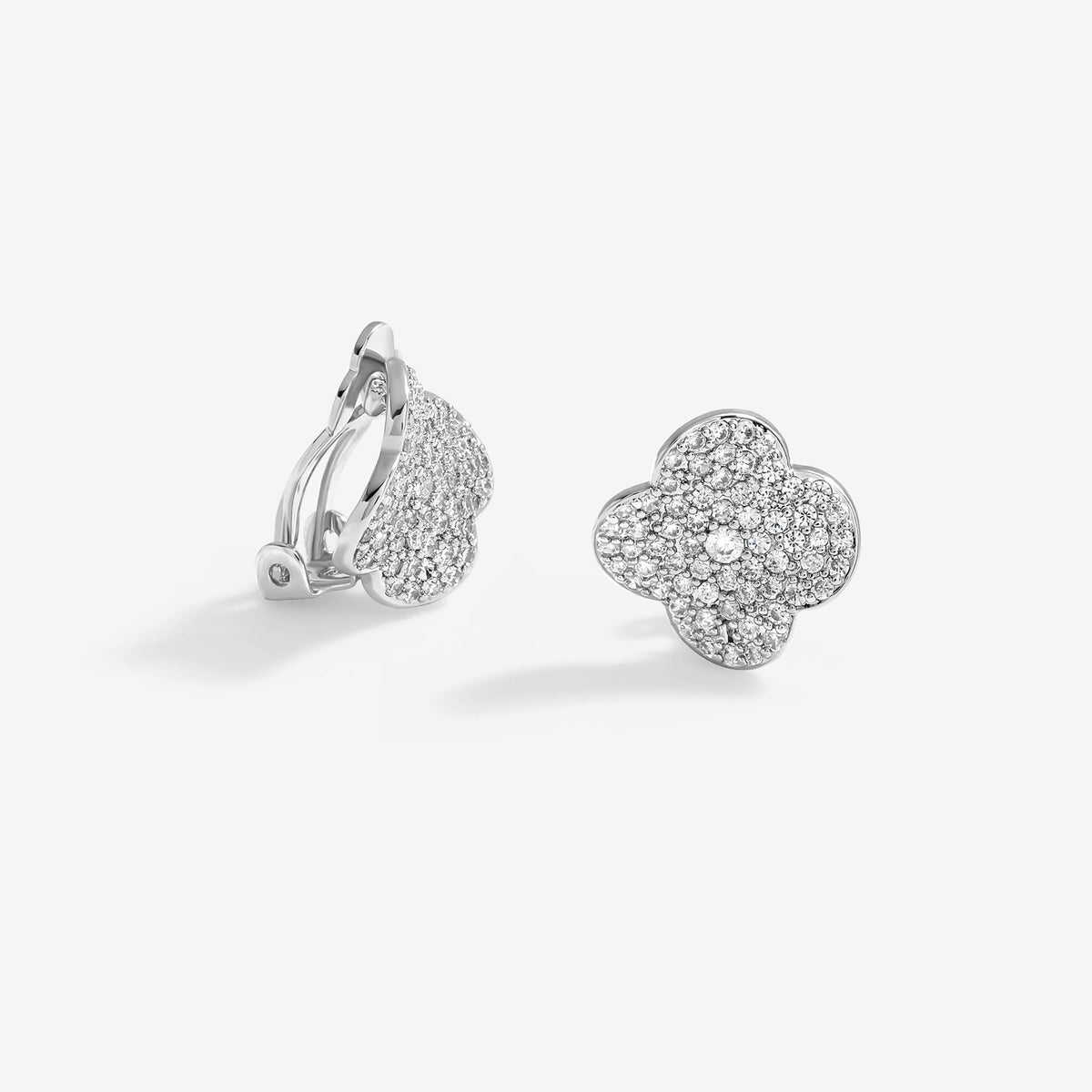 Jon Richard Rhodium Plated Cubic Zirconia Pave Clover Clip Earrings