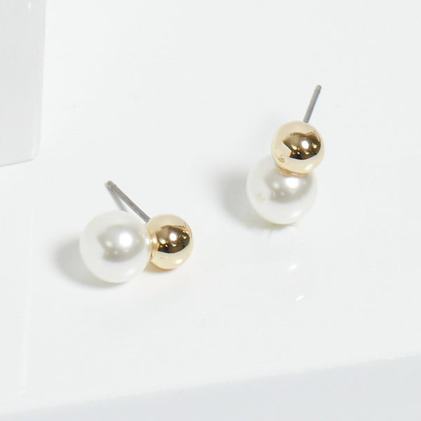 Inicio Gold Plated Mini Polished And Pearl Earrings - Gift Pouch