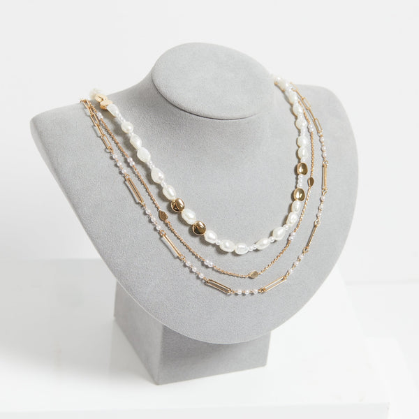 Inicio Gold Plated Semi Precious Pearl And Chain Layered Necklace - Gift Pouch