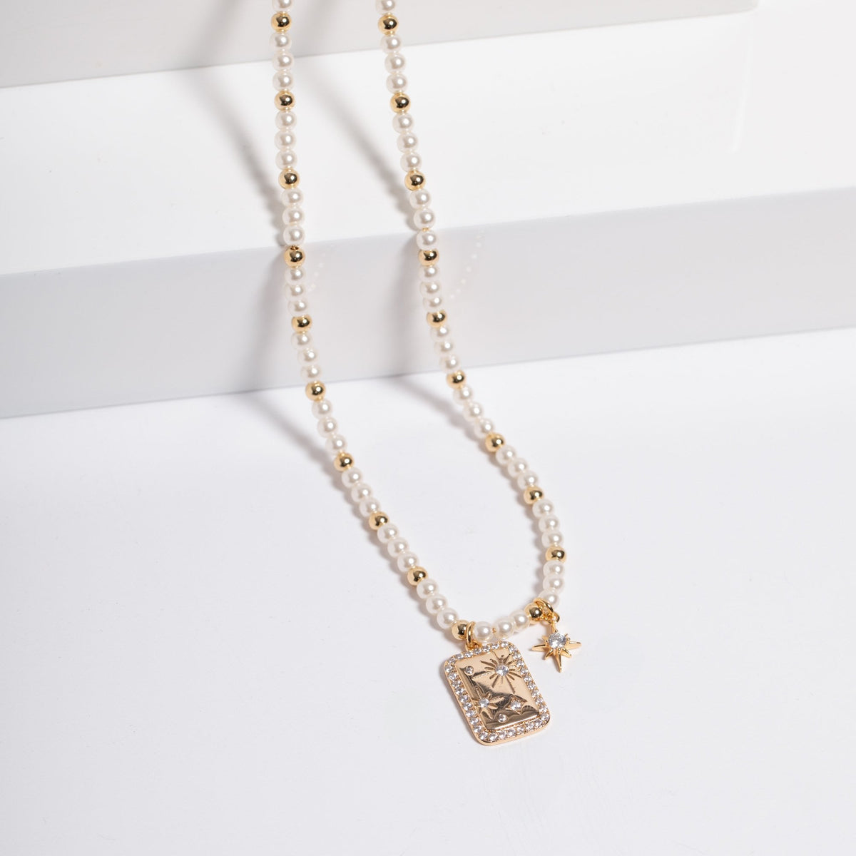 Inicio Gold Plated Pearl And Celestial Charm Necklace - Gift Pouch