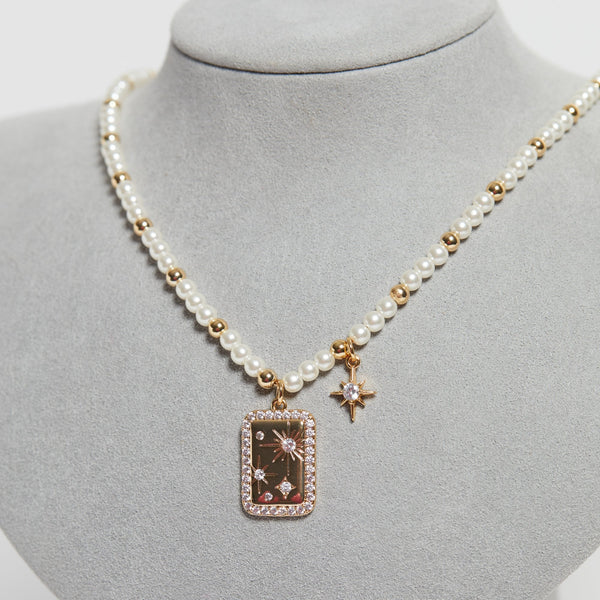 Inicio Gold Plated Pearl And Celestial Charm Necklace - Gift Pouch