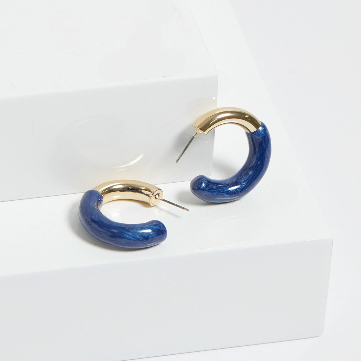Mood Gold Blue Half Enamel Hoop Earrings