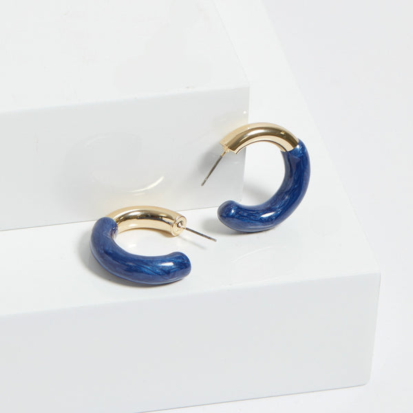 Mood Gold Blue Half Enamel Hoop Earrings