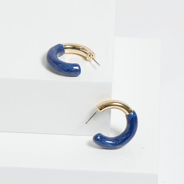 Mood Gold Blue Half Enamel Hoop Earrings