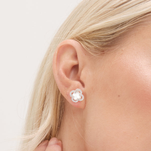 Simply Silver Sterling Silver 925 Mother Of Pearl and Cubic Zirconia Clover stud Earrings