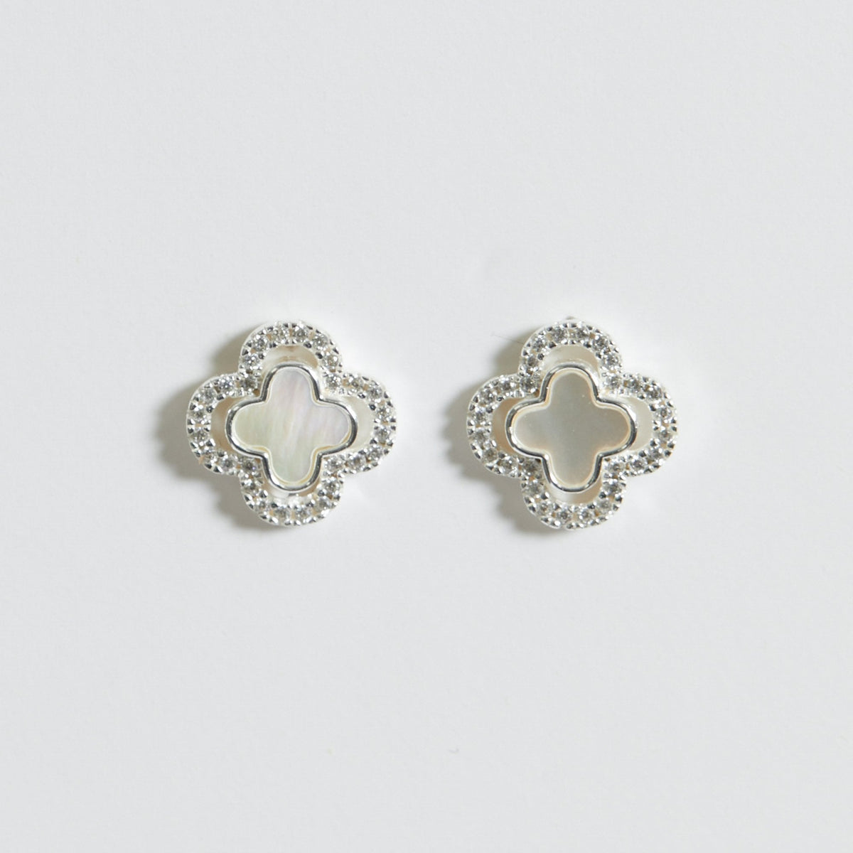 Simply Silver Sterling Silver 925 Mother Of Pearl and Cubic Zirconia Clover stud Earrings