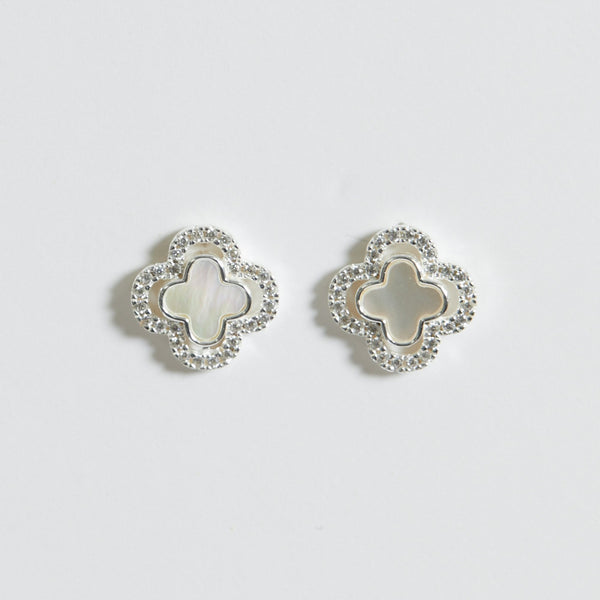Simply Silver Sterling Silver 925 Mother Of Pearl and Cubic Zirconia Clover stud Earrings