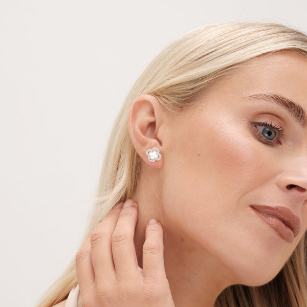 Simply Silver Sterling Silver 925 Mother Of Pearl and Cubic Zirconia Clover stud Earrings