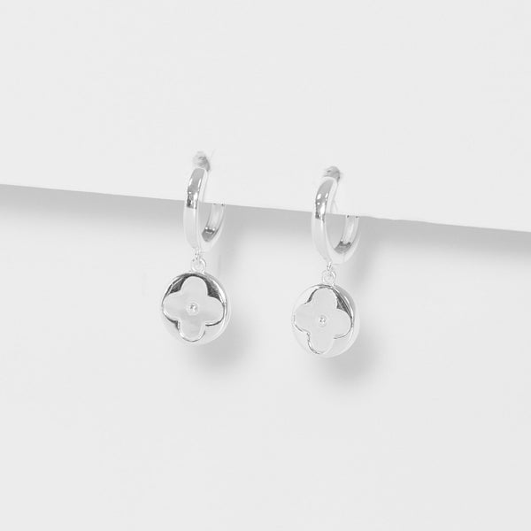 Simply Silver Sterling Silver 925 Mother Of Pearl Round Clover charm huggie Earrings