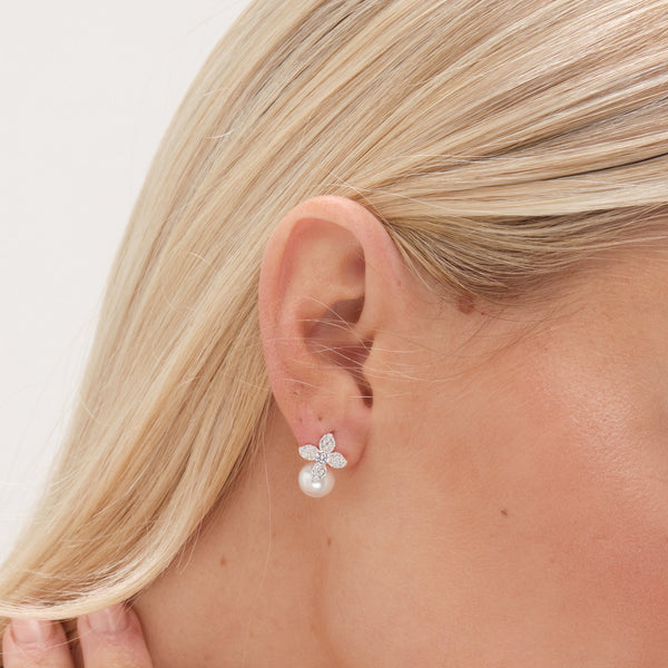 Simply Silver Sterling Silver 925 Cubic Zirconia Flower and Pearl Drop Stud Earrings