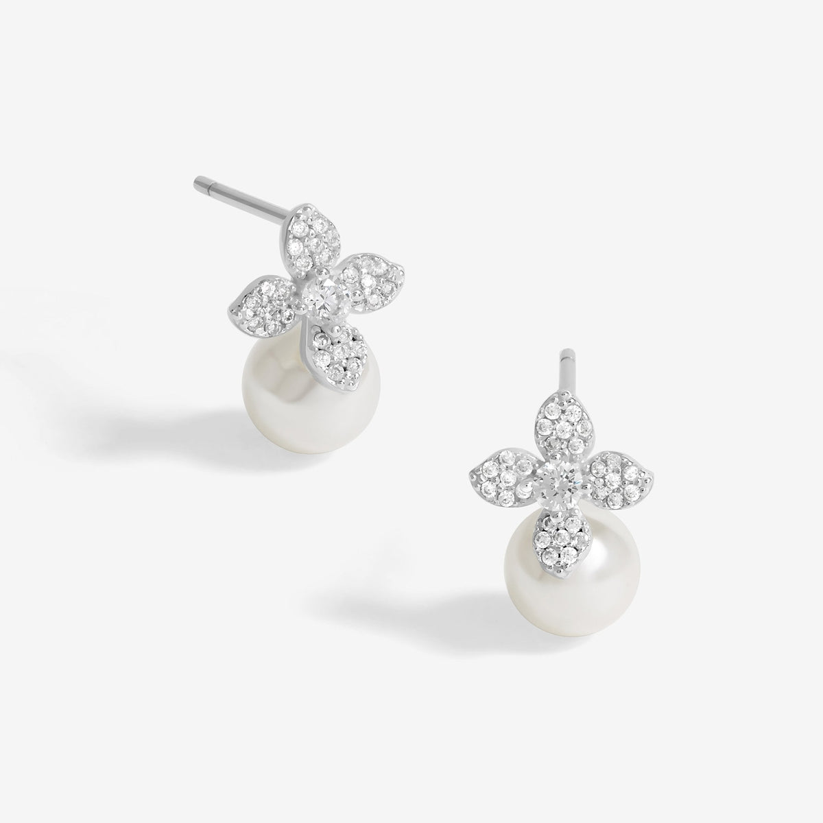Simply Silver Sterling Silver 925 Cubic Zirconia Flower and Pearl Drop Stud Earrings