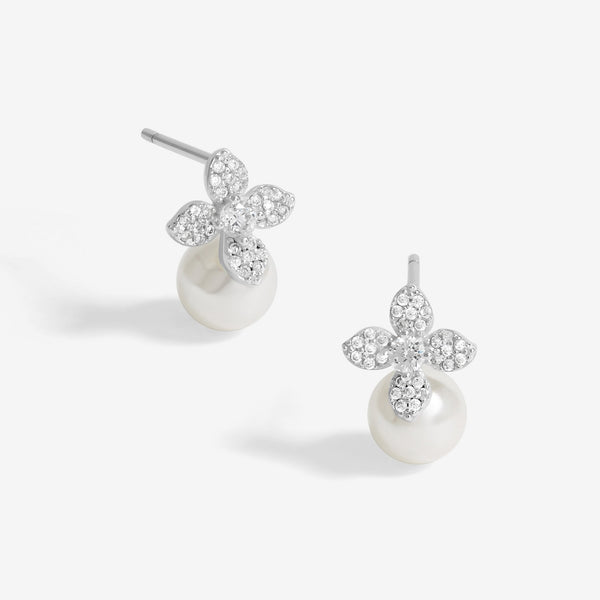 Simply Silver Sterling Silver 925 Cubic Zirconia Flower and Pearl Drop Stud Earrings