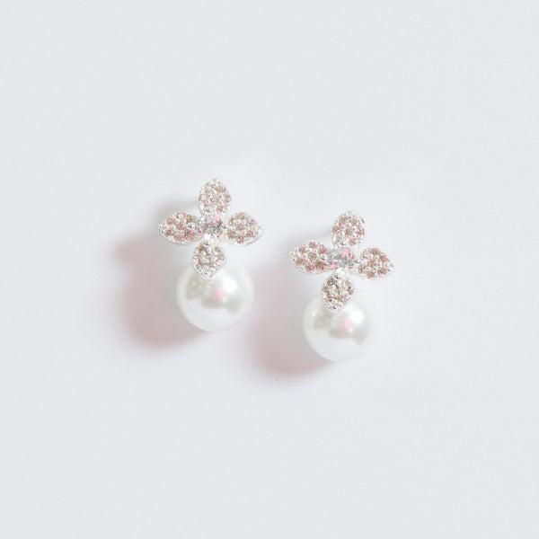 Simply Silver Sterling Silver 925 Cubic Zirconia Flower and Pearl Drop Stud Earrings