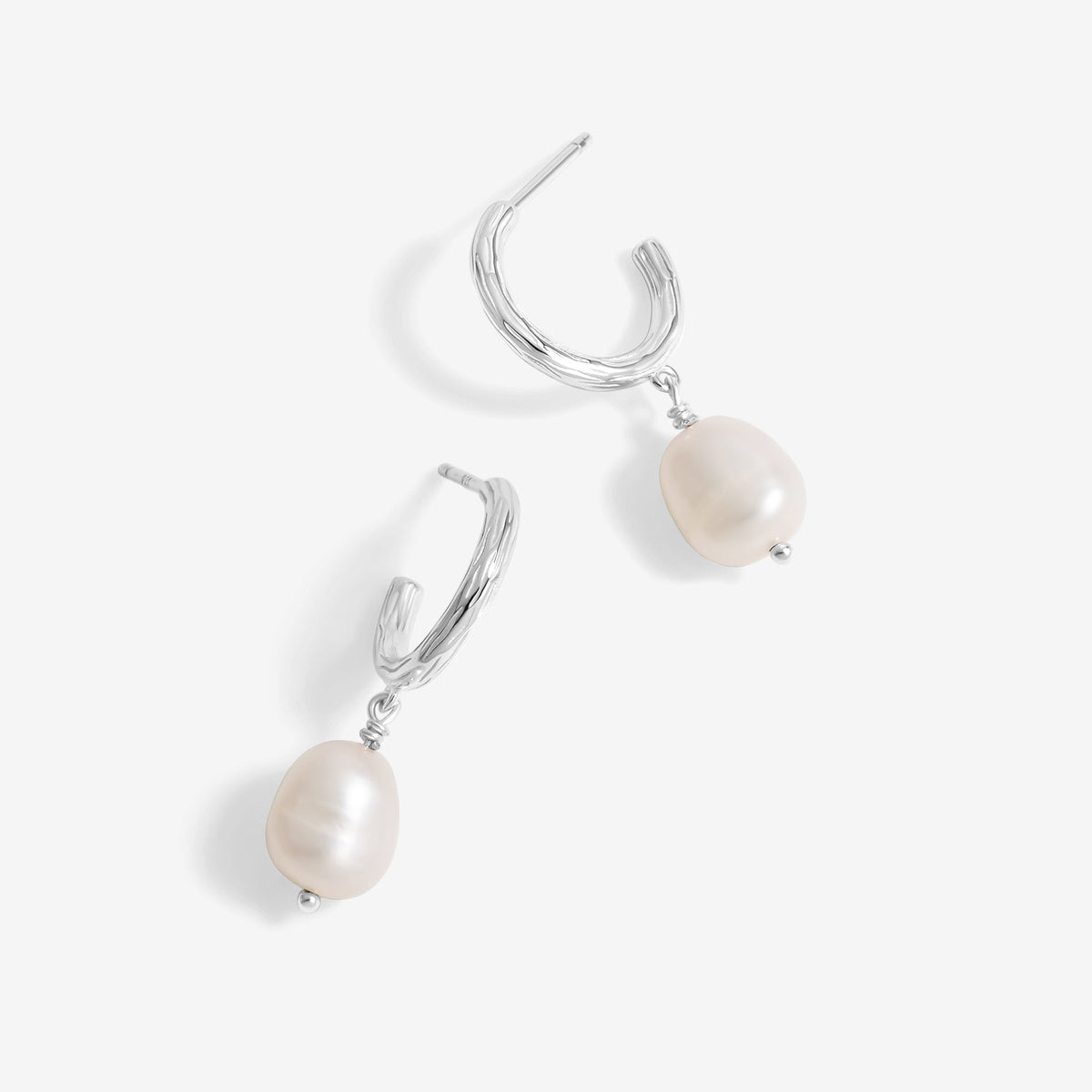 Simply Silver Sterling Silver 925 Polished Textured and Pearl Hoop Earrings