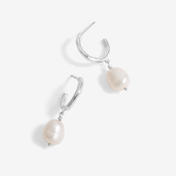 Simply Silver Sterling Silver 925 Polished Textured and Pearl Hoop Earrings