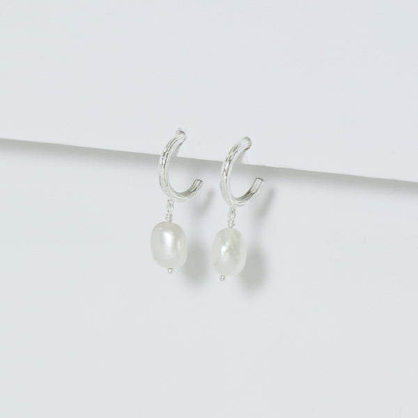 Simply Silver Sterling Silver 925 Polished Textured and Pearl Hoop Earrings