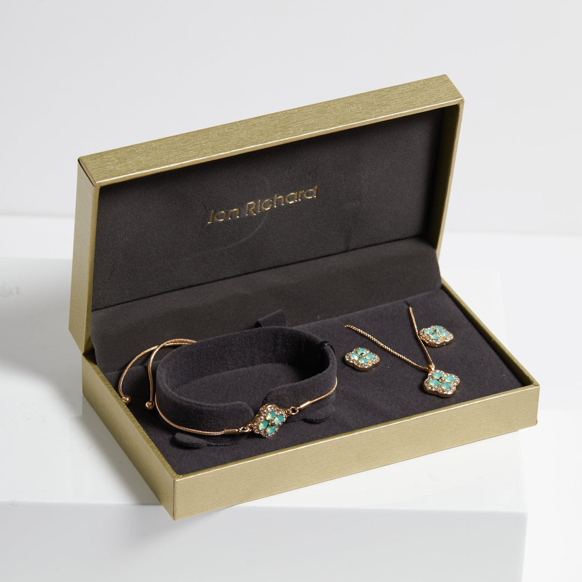 Jon Richard Gold Plated Green Clover Trio Set - Gift Boxed