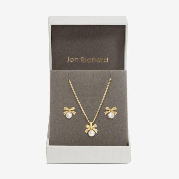 Jon Richard Gold Plated Cubic Zirconia And Pearl Bow Set - Gift Boxed