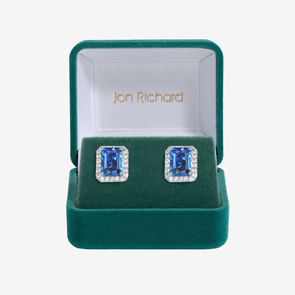 Jon Richard Rhodium Plated Cubic Zirconia Emerald Cut Sapphire Stud Earrings - Gift Boxed