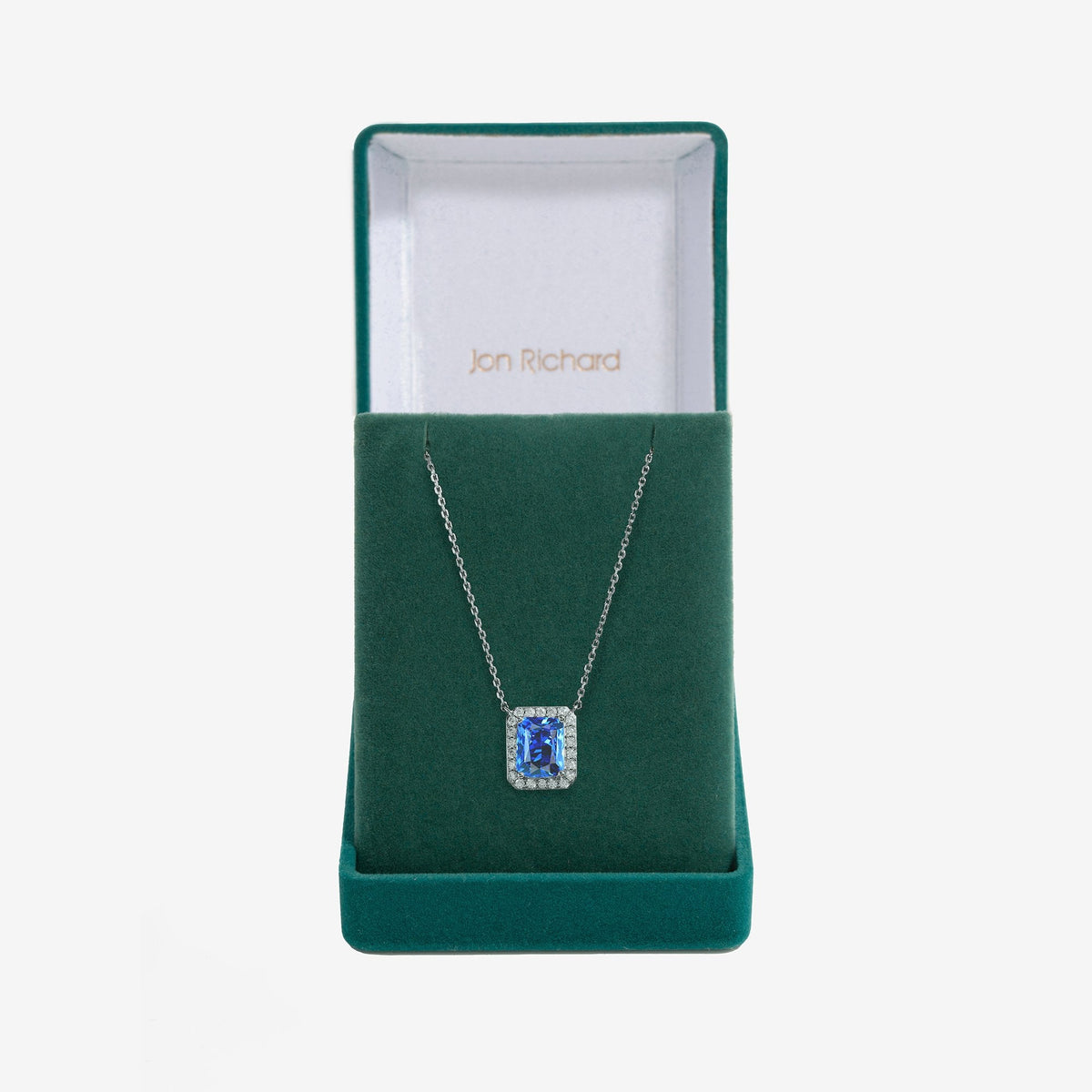 Jon Richard Rhodium Plated Cubic Zirconia Emerald Cut Sapphire Pendant - Gift Boxed