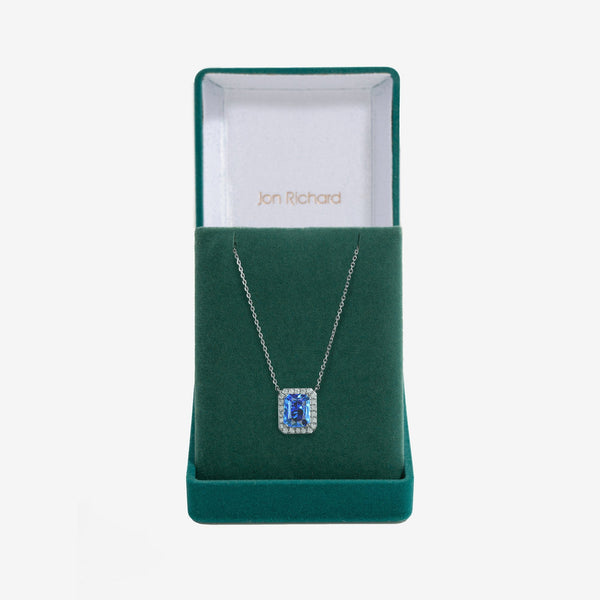 Jon Richard Rhodium Plated Cubic Zirconia Emerald Cut Sapphire Pendant - Gift Boxed