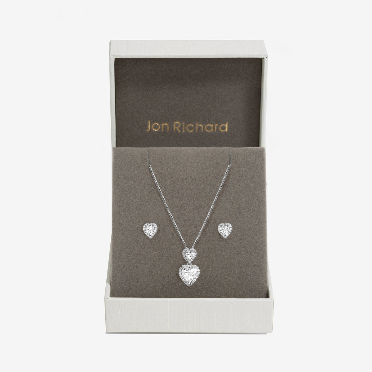 Jon Richard Rhodium Plated Cubic Zirconia Halo Double Heart Set - Gift Boxed