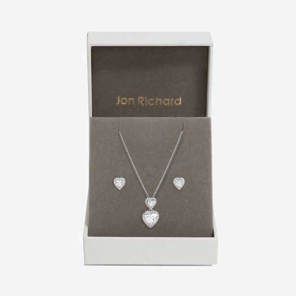Jon Richard Rhodium Plated Cubic Zirconia Halo Double Heart Set - Gift Boxed