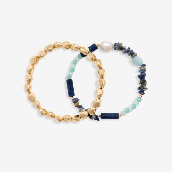 Mood Gold Blue Bead And Molten Disc Layered Bracelets - Pack Of 2