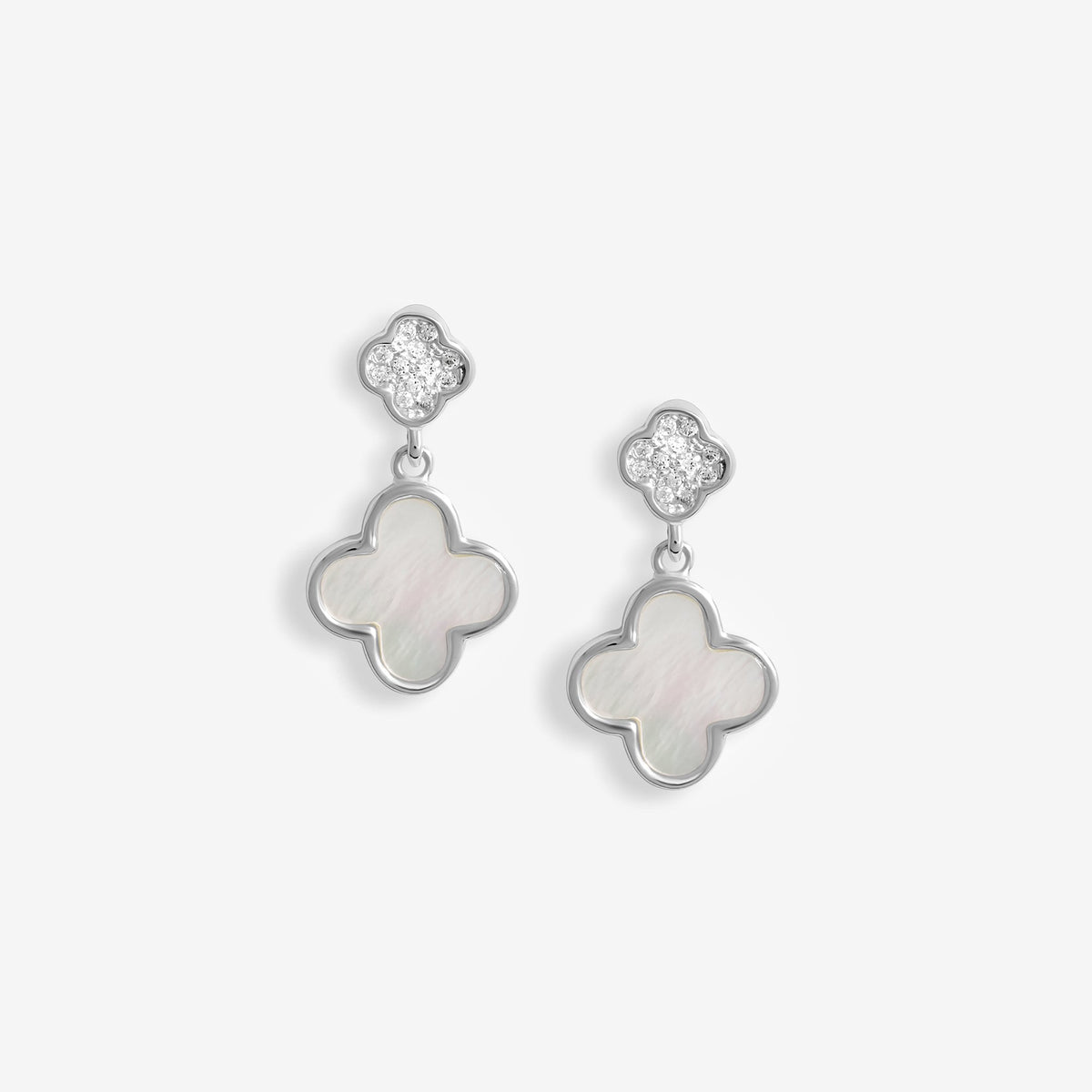 Simply Silver Sterling Silver 925 Pave and Mother Of Pearl double drop Clover stud Earrings