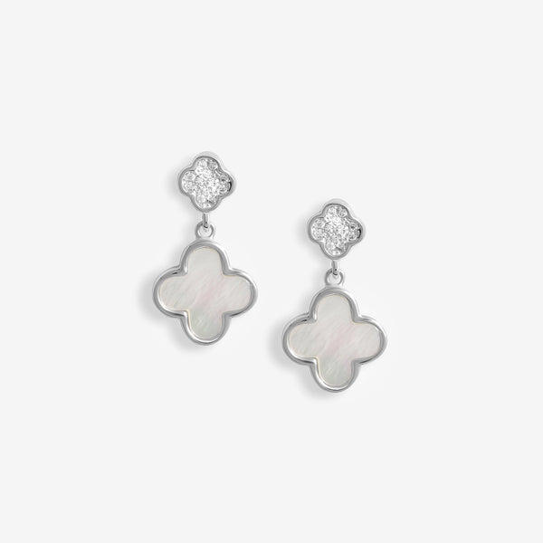 Simply Silver Sterling Silver 925 Pave and Mother Of Pearl double drop Clover stud Earrings