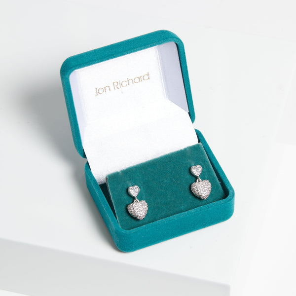 Jon Richard Rhodium Plated Cubic Zirconia Micro Pave Heart Earrings - Gift Boxed