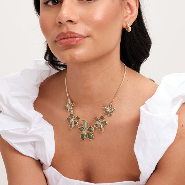 Mood Gold Crystal And Green Glass Flower Necklace