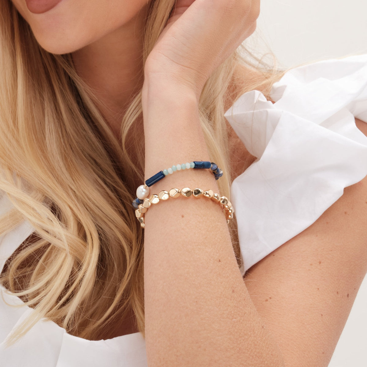 Mood Gold Blue Bead And Molten Disc Layered Bracelets - Pack Of 2