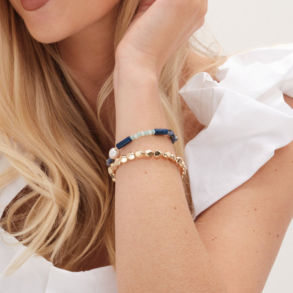 Mood Gold Blue Bead And Molten Disc Layered Bracelets - Pack Of 2