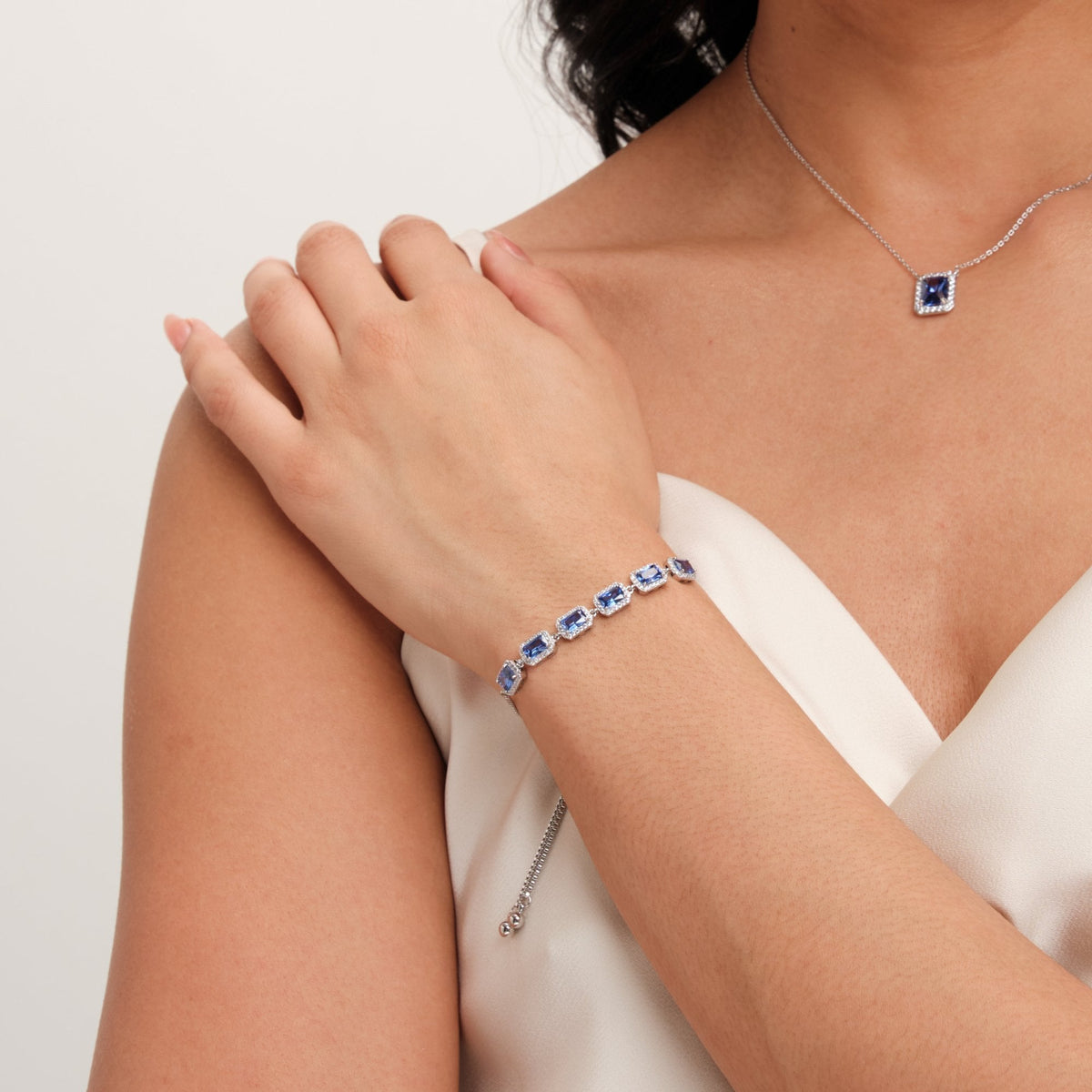 Jon Richard Rhodium Plated Cubic Zirconia Emerald Cut Sapphire Toggle Bracelet - Gift Boxed