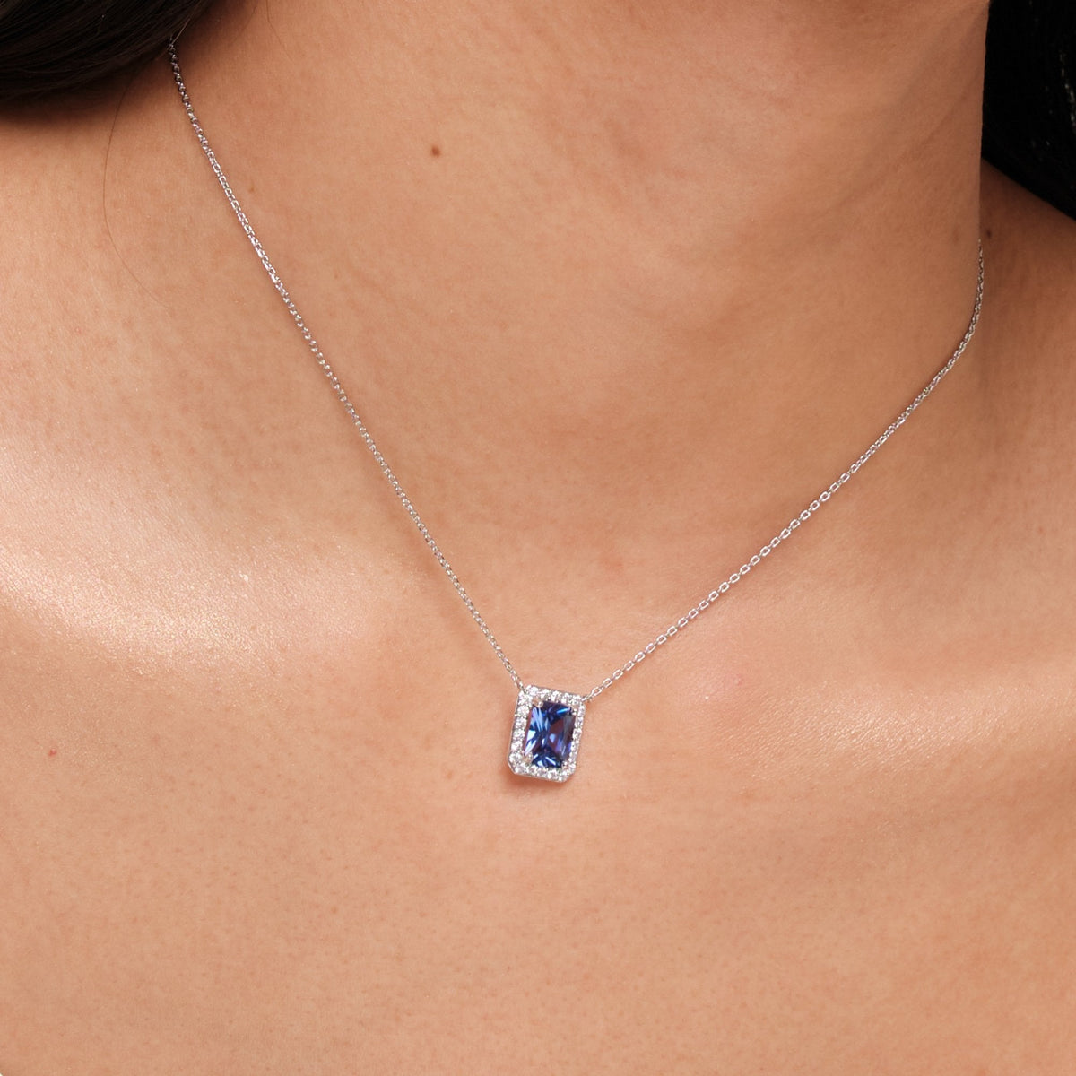 Jon Richard Rhodium Plated Cubic Zirconia Emerald Cut Sapphire Pendant - Gift Boxed