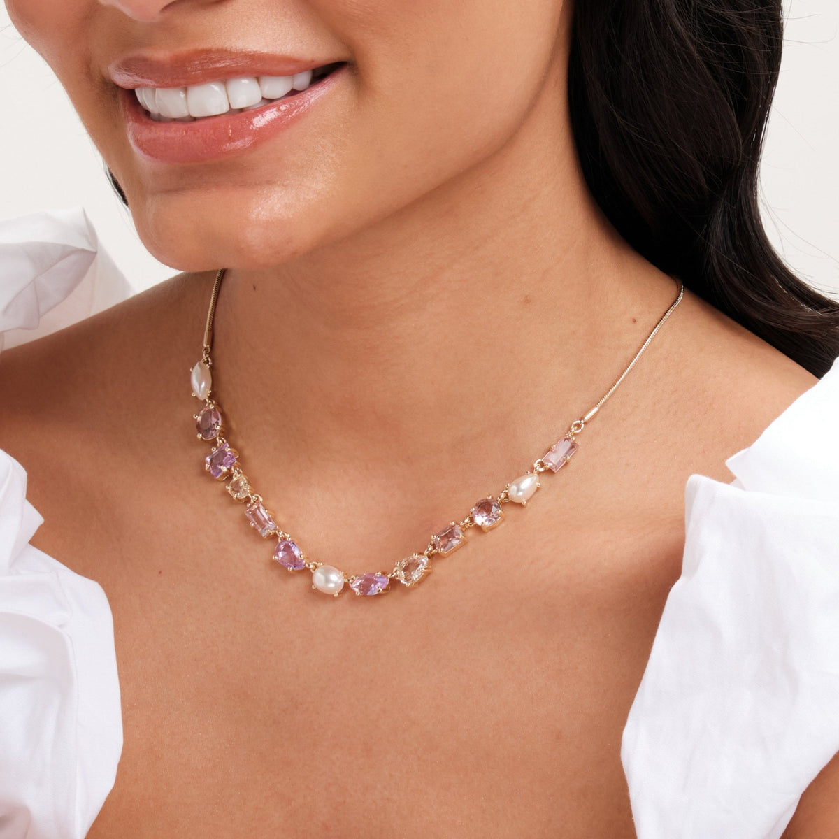 Mood Gold Romantic Crystal And Pearl Mixed Stone Allway Necklace