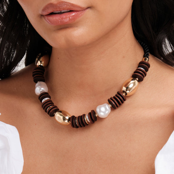 Mood Gold Wood And Pearl Stacker Statement Necklace