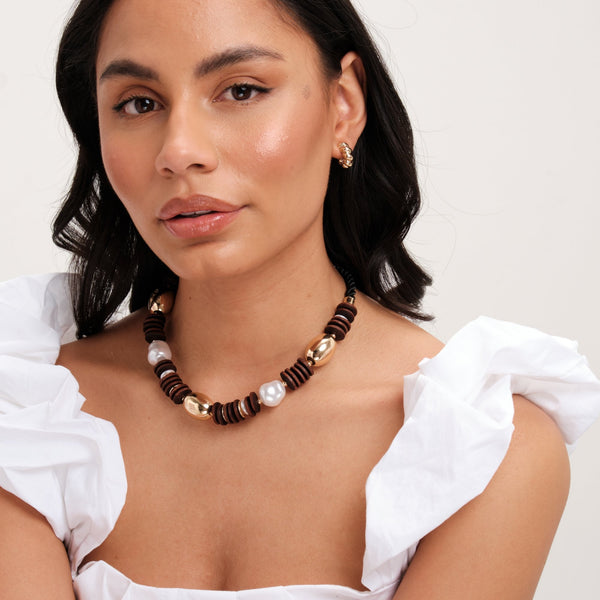 Mood Gold Wood And Pearl Stacker Statement Necklace